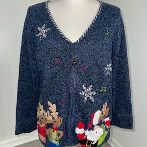 Tiara International Christmas Santa Reindeer Cardigan Sweater Navy Women’s L